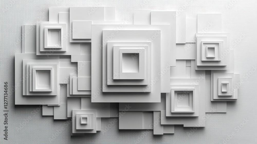 Poster abstract white geometric shapes layered on a textured background, creating a modern artistic effect
