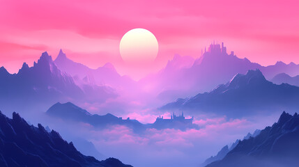 Fototapeta premium Pink moonlit castle, misty mountains, fantasy landscape, artwork. Dark Fantasy Moonlit Castle. Illustration