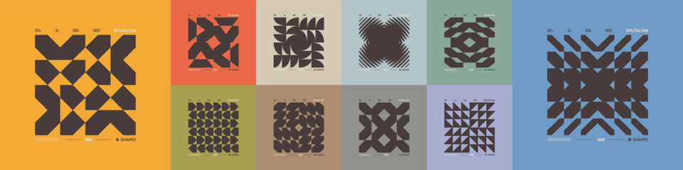 Kit of Postmodern geometric compositions with abstract shapes in brutalism aesthetics, mosaic of brutal figures, trendy color retro futuristic elements, vector modernist ornament, cards art 1