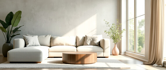 beige sectional sofa in sunlit living room with wooden coffee table