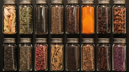 Collection of 12 glass jars with metal lids arranged in a grid-like pattern on a black background. each jar contains a different type of spice or condiment.