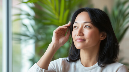 woman with thinning hair, gently touching her scalp while gazing thoughtfully into the distance. Her hair loss is a visible part of her, but she radiates inner strength and grace.