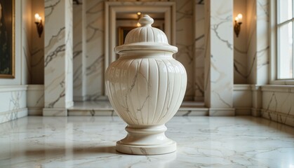 Decorative white urn standing in an elegant marble hall