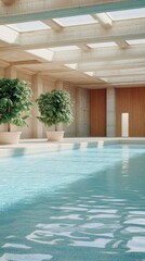 Fototapeta premium Indoor pool, sunlight, plants, calm water, spa relaxation