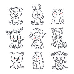 Set of cartoon cute animals including puppy, dog, capybara , frog, horse, lumb, sheep, cow and donkey, bunny, rabbit, pig. Funny animals for magazines, postcards, cards.