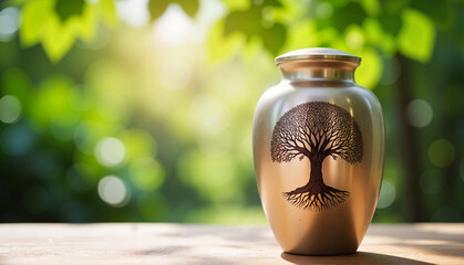 Urn with the image of a tree on a wooden table on a blurred background of a green park