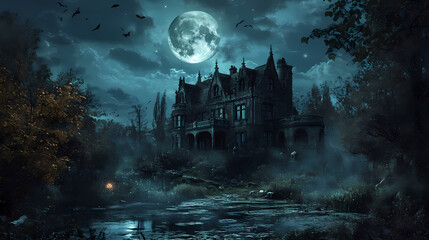 Spooky house under a full moon. Dark Fantasy Moonlit Castle. Illustration