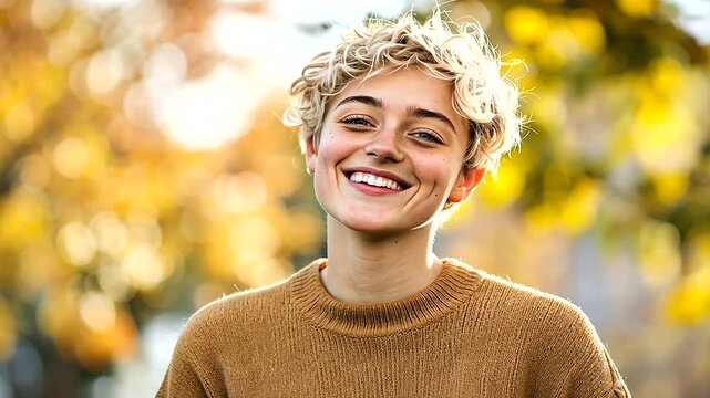 Radiant non-binary person captured in a sunlit portrait.