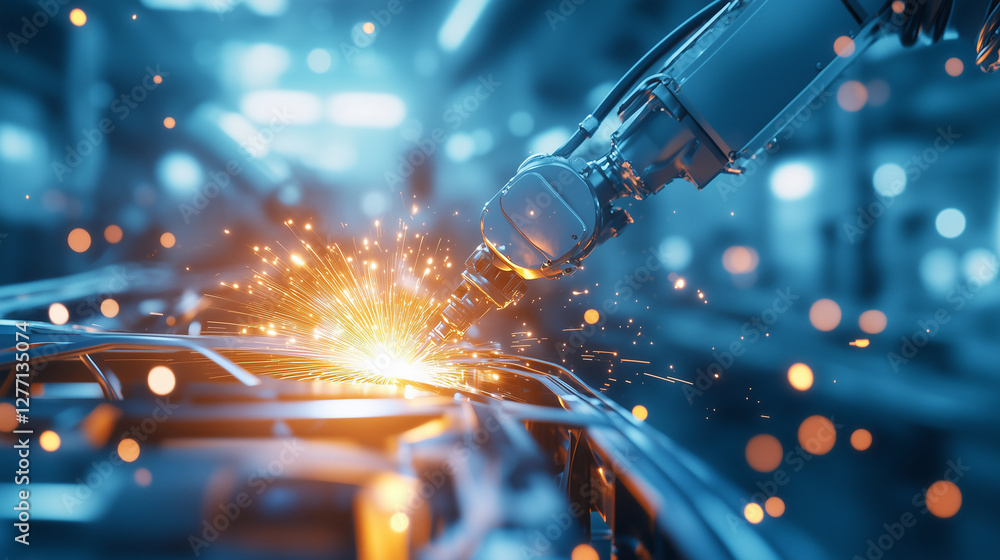 Poster a dynamic view of a futuristic automotive assembly line where robotic arms weld car frames with prec