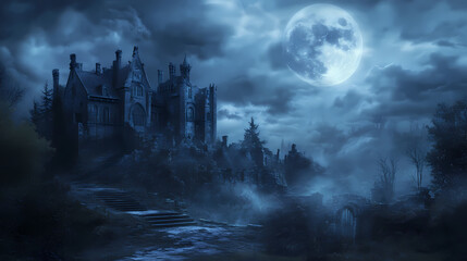 Vintage gothic castle moonlight: dark fantasy stock photo. Dark Fantasy Moonlit Castle. Illustration