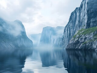 Naklejka premium A Scandinavian fjord with rugged cliffs and calm mirror