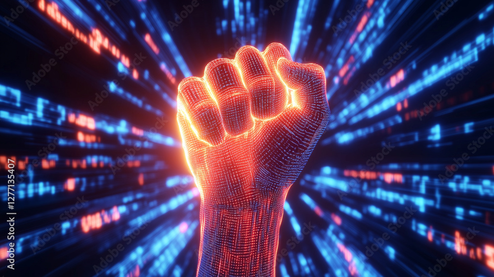 Aufkleber a powerful clenched fist glowing with energy, symbolizing revolution and freedom, emerging from a vi