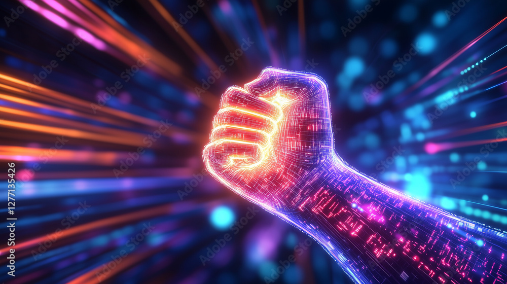 Aufkleber a powerful clenched fist glowing with energy, symbolizing revolution and freedom, emerging from a vi