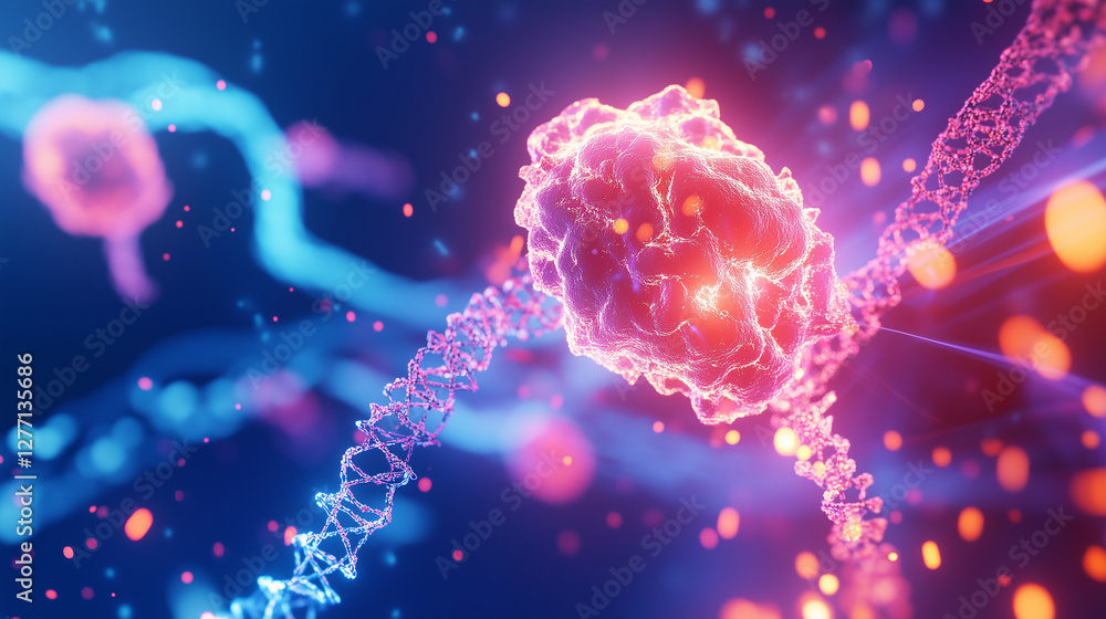 Poster a futuristic digital representation of dna sequencing in oncology, highlighting glowing strands of d