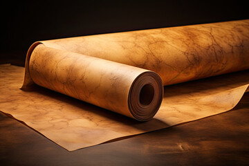 Fototapeta premium Close-up of a rolled old paper scroll with cigar, smoke, and tobacco, symbolizing Cuban luxury and addiction, set against a wooden background with hints of cinnamon and wafer