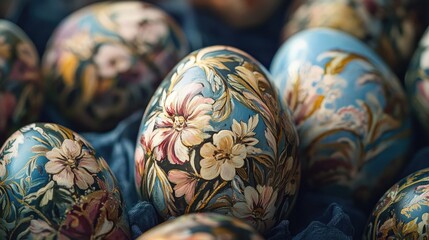 Close-up of Easter eggs with floral patterns