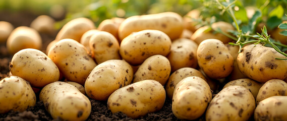 pile of freshly harvested potatoes sits on dark brown soil