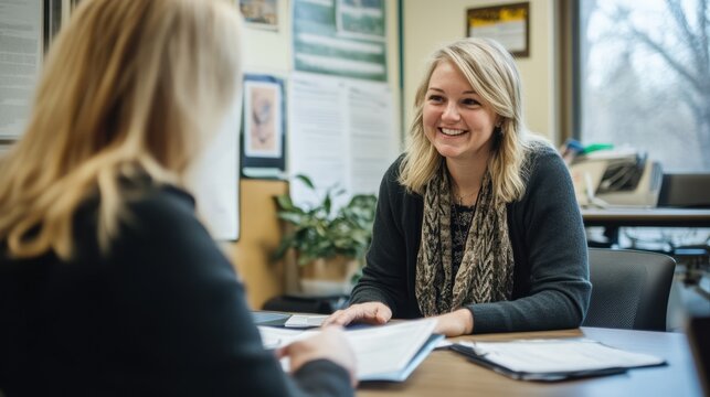 A social worker smiles while interacting with a client in a community service office. They discuss important topics, surrounded by informational materials and a plant