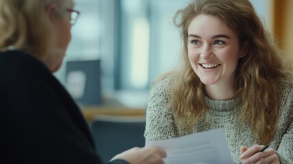 A social worker is smiling while discussing important documents with a client. The setting is bright and modern, indicating a collaborative atmosphere