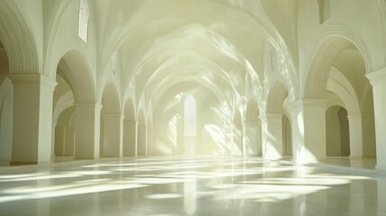 Serene Empty Hall with Light Rays and Arched Architecture Details