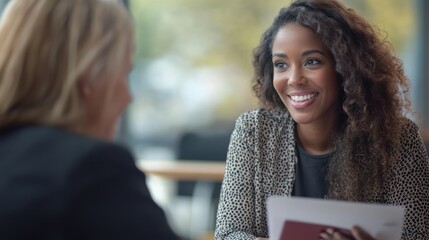 A social worker interacts warmly with a client in a contemporary office, discussing important matters with smiles and attentive listening