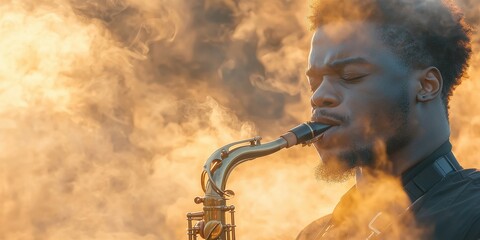 Obraz premium Jazz musician playing saxophone urban street closeup portrait smoky atmosphere intimate perspective emotional expression