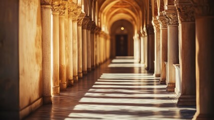 Serene Hallway with Elegant Columns and Soft Morning Light