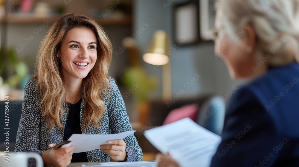 Fototapete a social worker and client share an open conversation in a cozy office. both appear engaged, fosteri