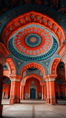 Obraz premium Ornate architectural interior with vibrant arches and an intricate ceiling design.