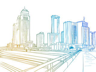 Fototapeta premium Urban landscape. Nice view on the modern Tel Aviv, Ramat Gan, Israel. Urban sketch. Hand drawn line sketch. Vector illustration on white.