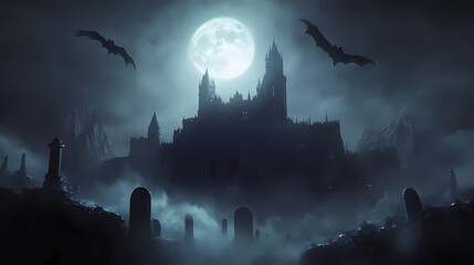 A dark and mysterious graveyard with fog, flying bats, a castle in the background, a moonlit sky,. Dark Fantasy Moonlit Castle. Illustration