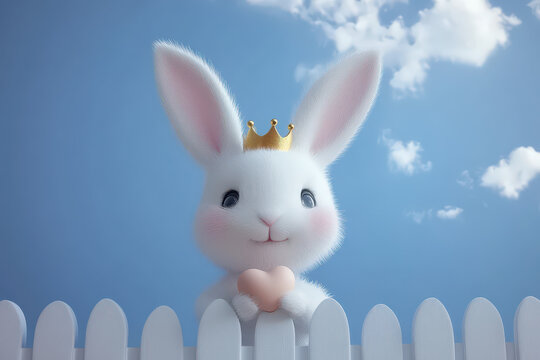 3D white cute fluffy rabbit hold a pink heart, white fence, gold crown, blue sky with white cloud. idea of happy easter holiday celebration.