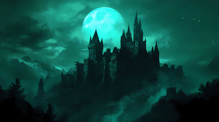 Fototapeta premium Ancient castle silhouette against aurora borealis sky, moonlit towers casting long shadows across misty landscape. Dark Fantasy Moonlit Castle. Illustration