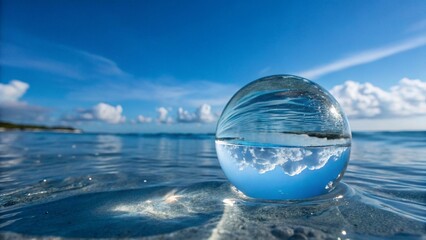 a blue sky in a clear crystal ball floating under water 