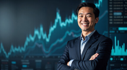 Fototapeta premium happy Asian businessman wearing a luxurious, well-tailored suit, standing confidently against a background of financial charts, data tables, and stock market graphs