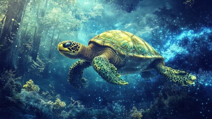 Obraz premium A serene underwater scene featuring a turtle swimming through a mystical, illuminated environment.