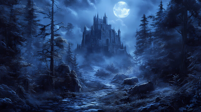Enchanting castle path, moonlit forest, halloween backdrop. Dark Fantasy Moonlit Castle. Illustration