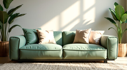 serene sage green sofa with neutral pillows in a sunlit room