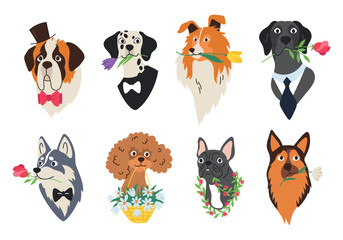 Set of dog heads with flowers in mouth. Domestic animal of different breeds with accessories bow tie, tie, hat. Vector isolated flat linear illustration