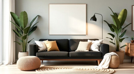 modern living room interior with black sofa and neutral decor