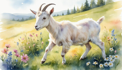 Obraz premium Watercolor illustration of a playful kid goat frolicking in a sunlit meadow, surrounded by blooming wildflowers in soft pastel shades, capturing the innocence and joy of farm life
