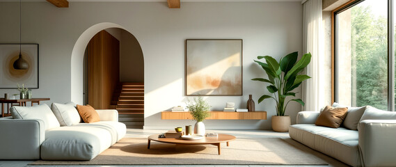 sunlit minimalist living room with cream sofas and wooden coffee table