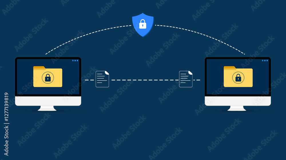 Poster encrypted and secure data sharing between two computers concept background with lock in the center. 