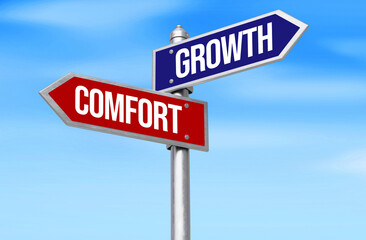 Obraz premium Growth vs Comfort written on the signboard, lifestyle and habits concept background. Discipline, growth mindset