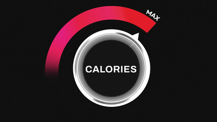 Maximum calories intake concept background with node turning full on the green glowing bar. Calories meter design with shapes
