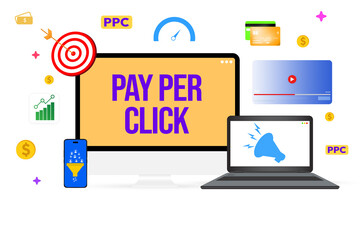 PPC Advertisement Campaigns running on multiple devices concept with target, goals and strategy design. Business leads, focus, outcome, pay per click ads, converisons, profit and revenue design