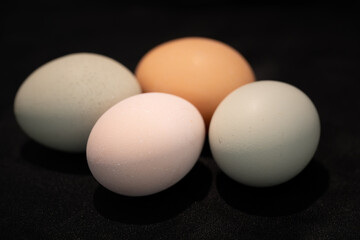 Chicken eggs close up on black