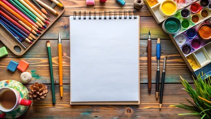 Blank Sketchbook Surrounded by Art Supplies