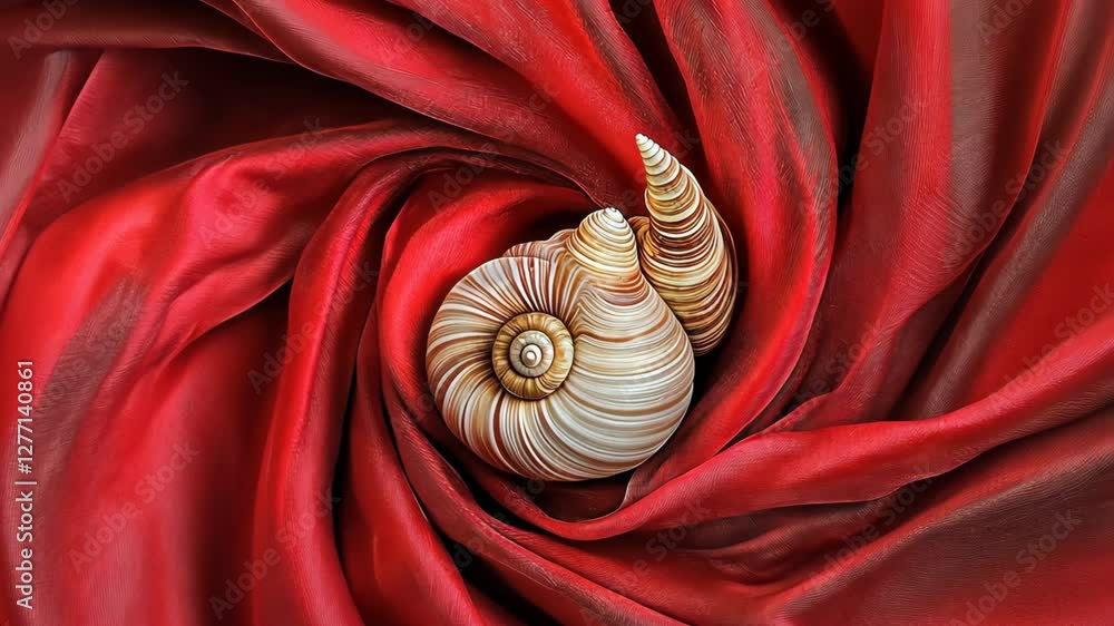 Poster spiral shell resting on vibrant red fabric creating a striking contrast with elegant curves and text