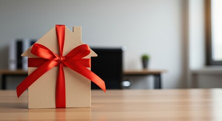 A small house with a red bow symbolizing giving and the dream of ownership